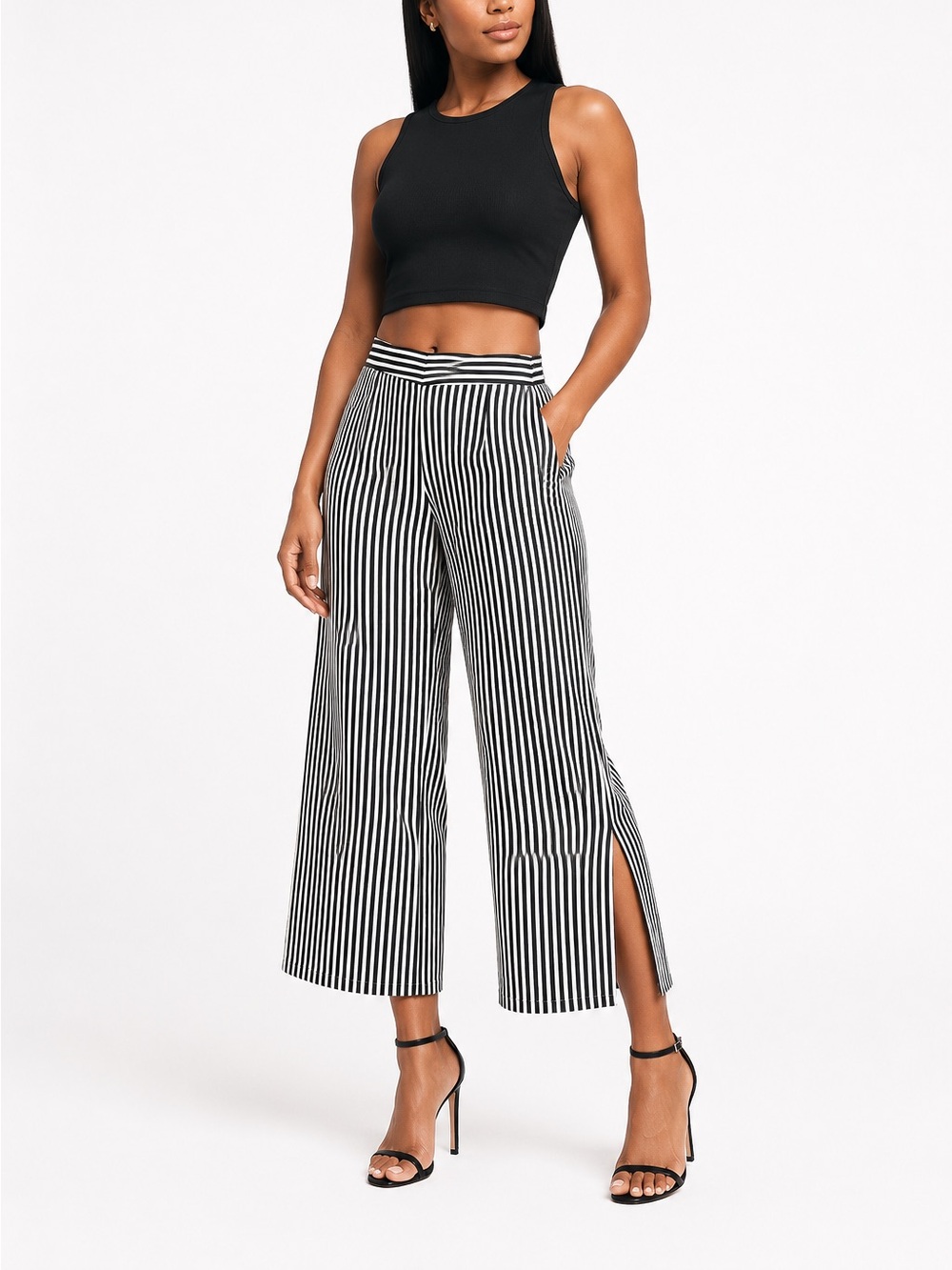 Cynthia Rowley Wide Leg Cropped Pants Double Side Slit Striped Size 4